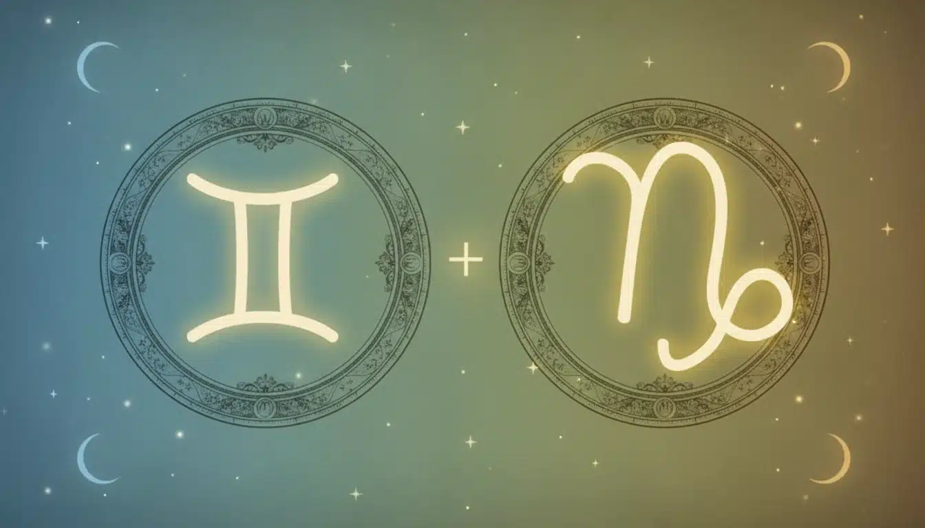 A circular frame displays the zodiac signs, prominently featuring Gemini and Capricorn among them