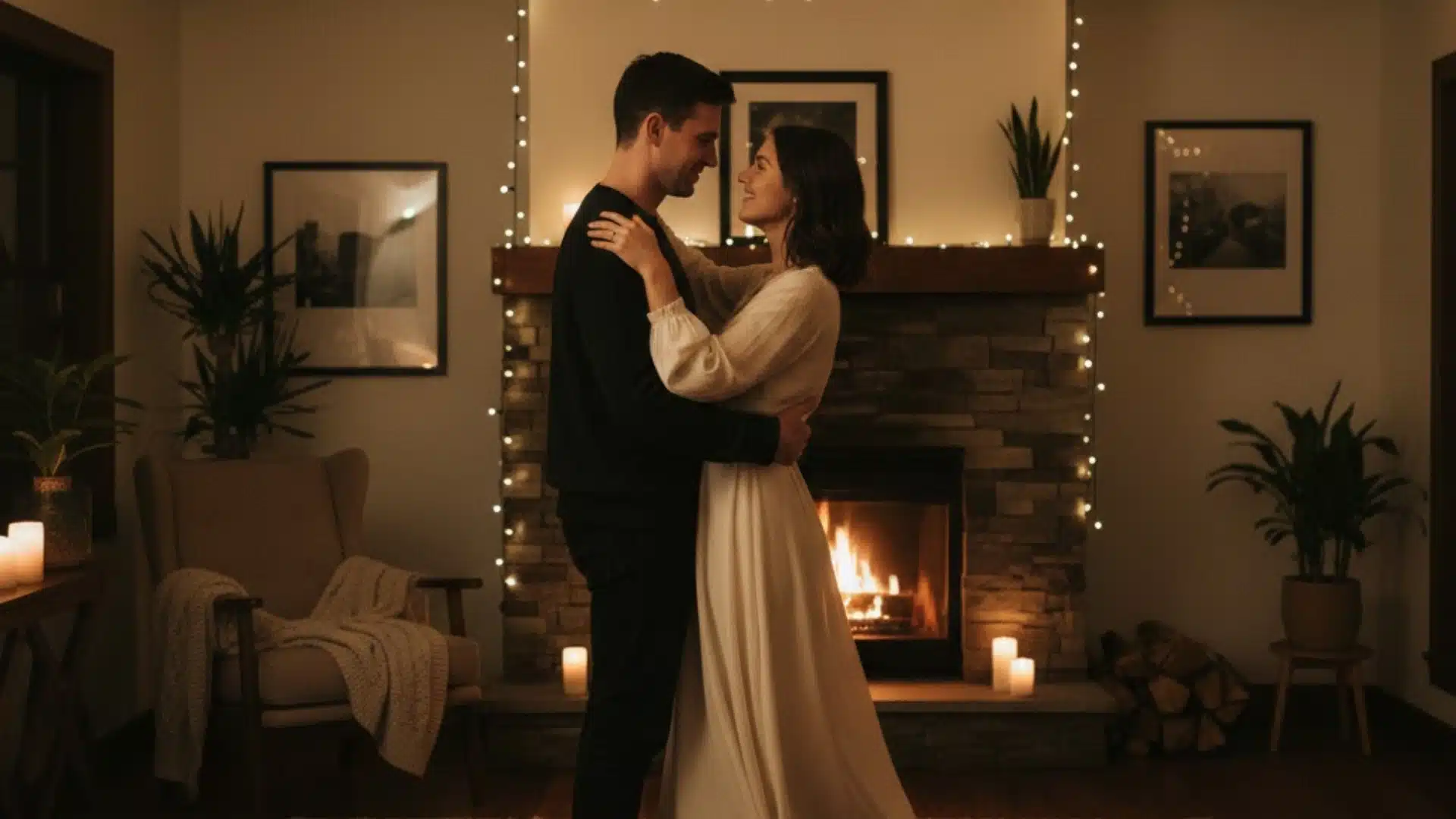 A couple dancing intimately in a warmly lit room before a stone fireplace adorned with string lights and lit candles
