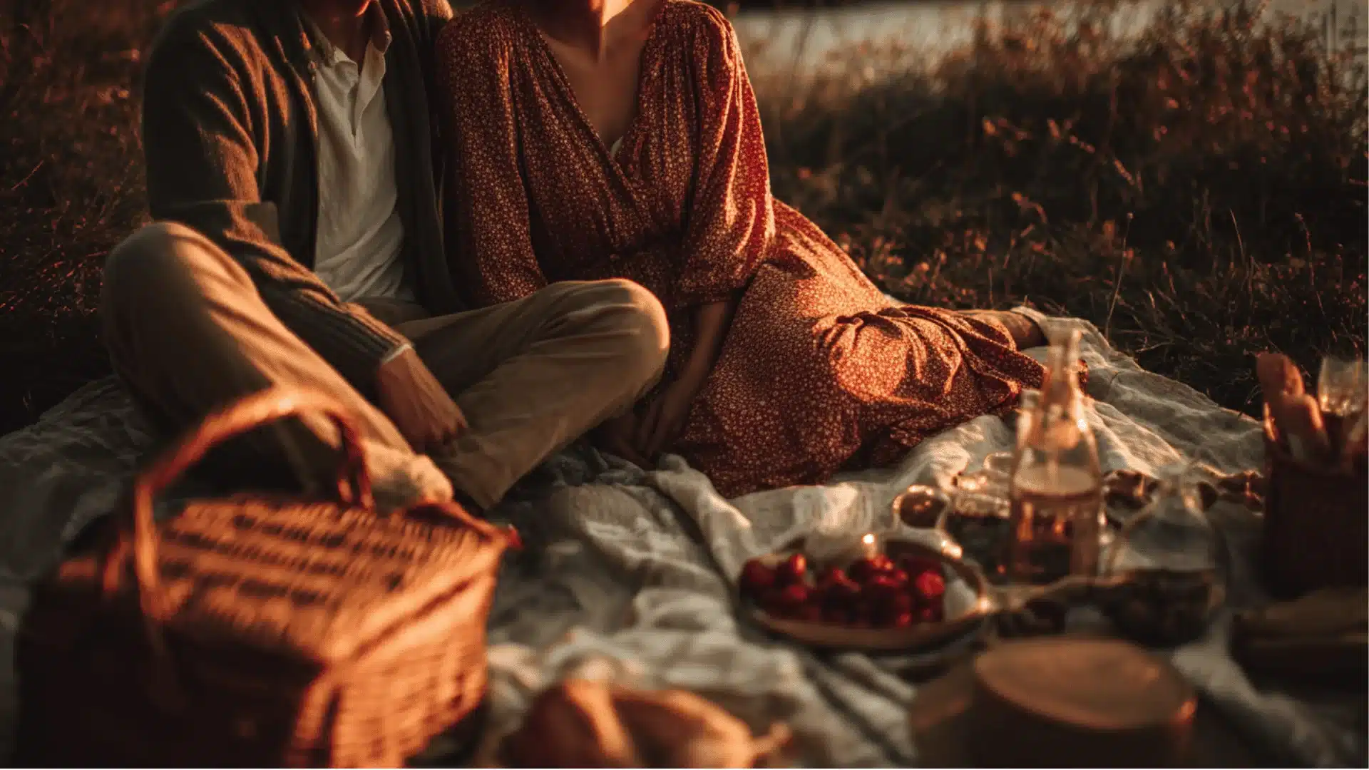 A couple enjoys a warm, golden-lit picnic outdoors featuring a wicker basket, bottle of drink, and plate of berries on a blanket spread over grass. (1)