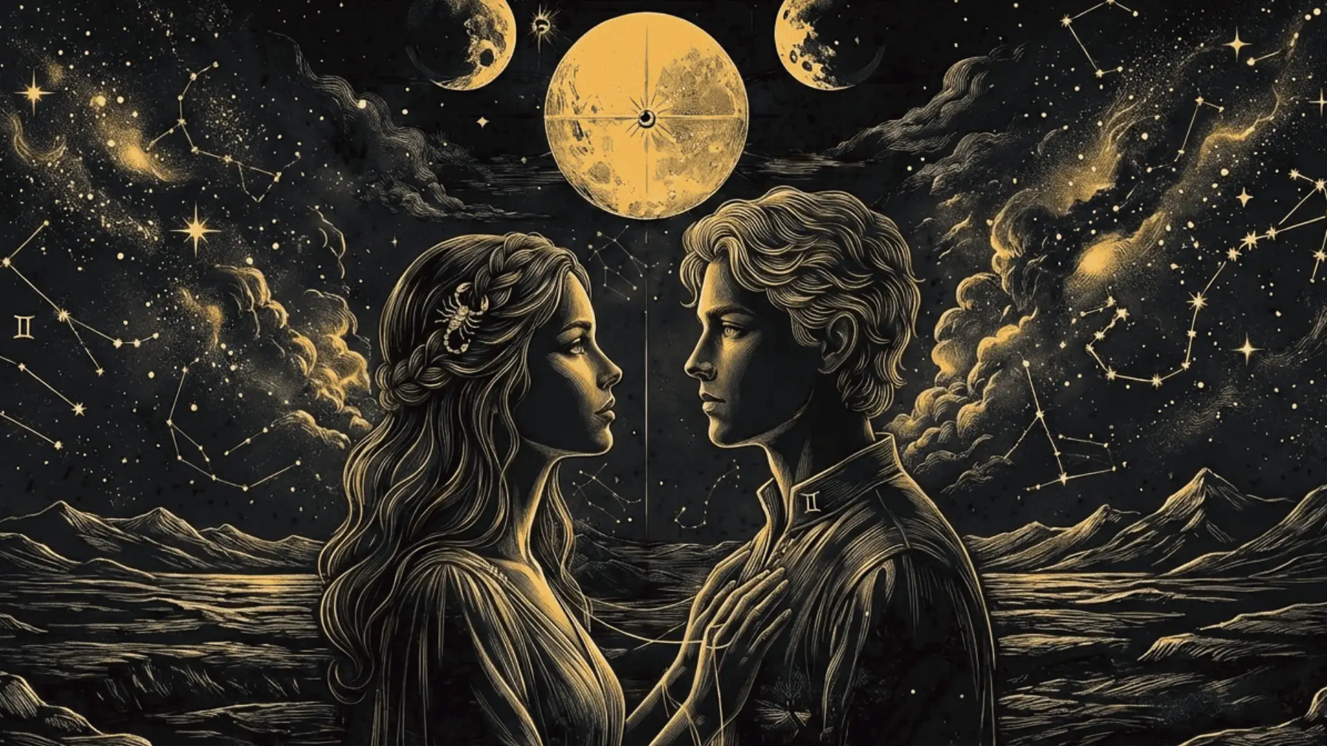 A couple gazes at each other under the moonlight, symbolizing the romantic connection between Scorpio and Gemini