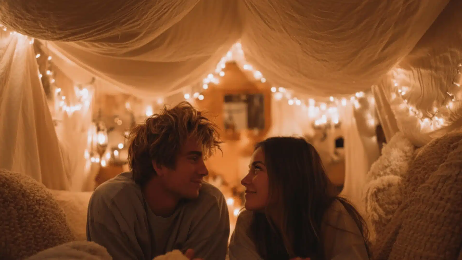 A couple lies in a cozy blanket fort with fairy lights their noses almost touching as they gaze into each others eyes (1)
