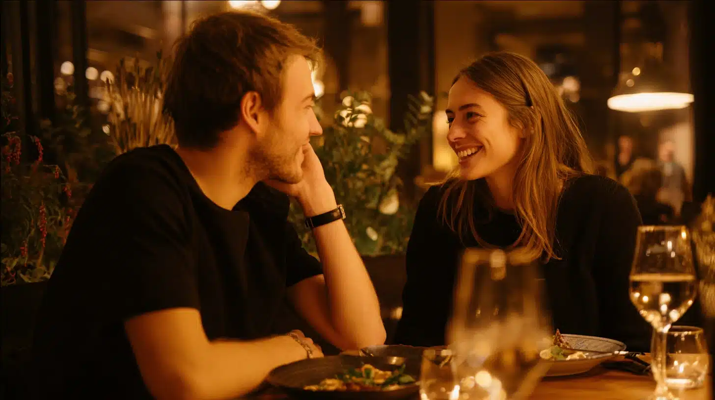 A couple share a smiling, intimate moment across a dinner table in a dimly lit restaurant with wine glasses in the foreground