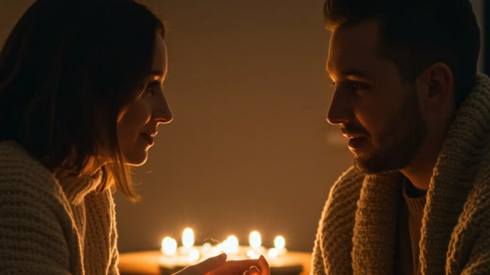 A couple shares an intimate moment in warm candlelight, both wrapped in knit sweaters