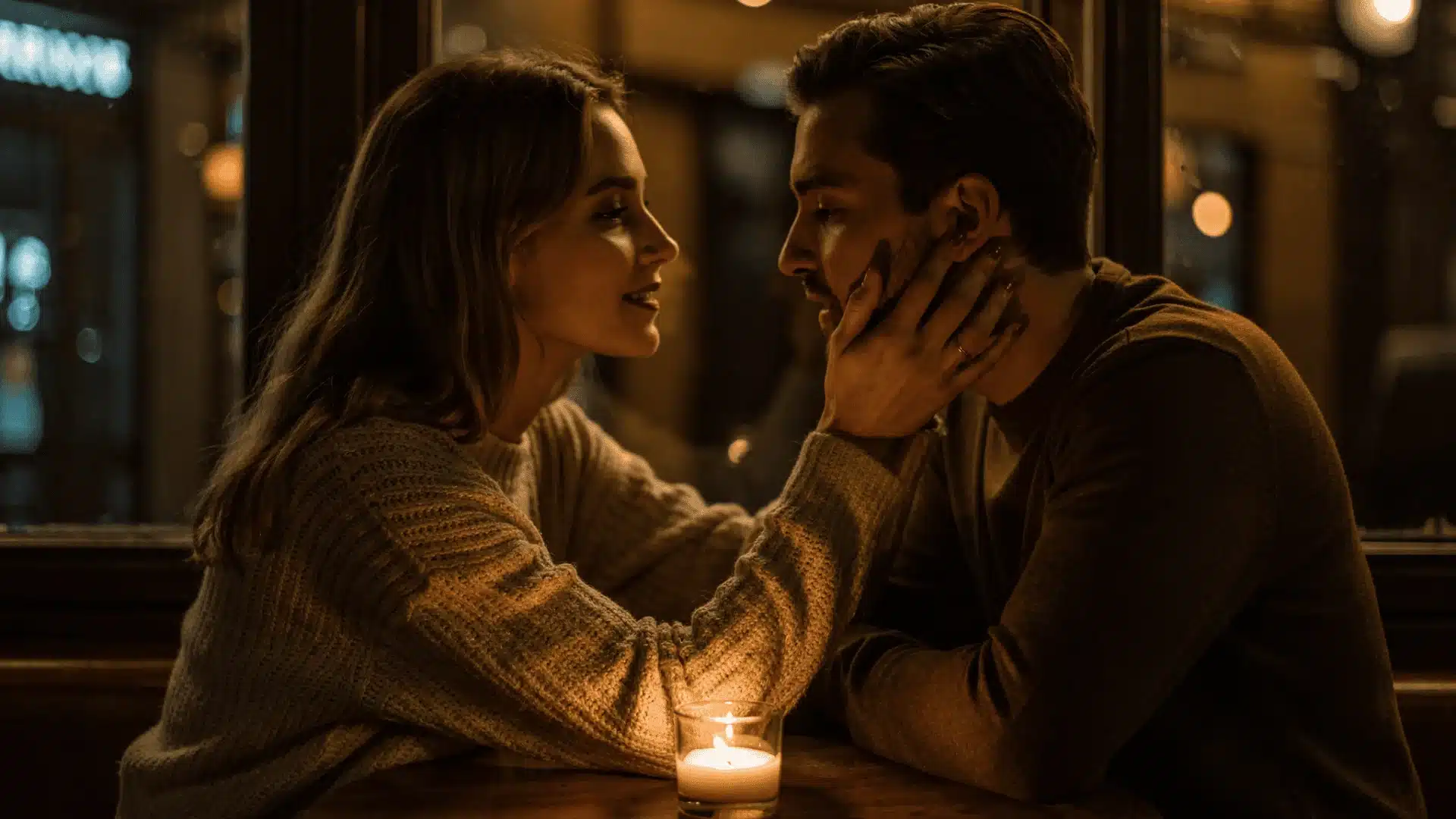 A couple shares an intimate moment with the woman gently touching the man's face at night, with lit candles around