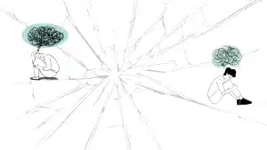 A couple sit hunched over with scribbled thought clouds above their heads, separated by a cracked glass surface showing relationship anxiety