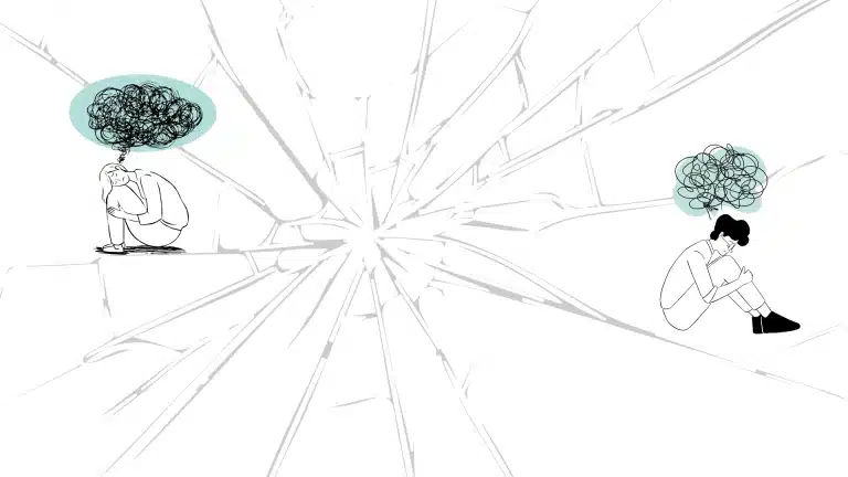 A couple sit hunched over with scribbled thought clouds above their heads, separated by a cracked glass surface showing relationship anxiety