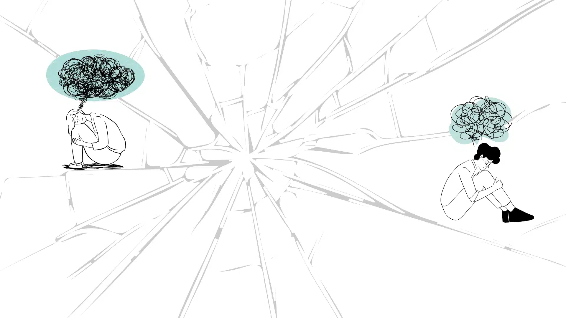 A couple sit hunched over with scribbled thought clouds above their heads, separated by a cracked glass surface showing relationship anxiety