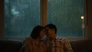 A couple sits close together on a couch indoors, foreheads touching, against a dark window covered with heavy rainfall