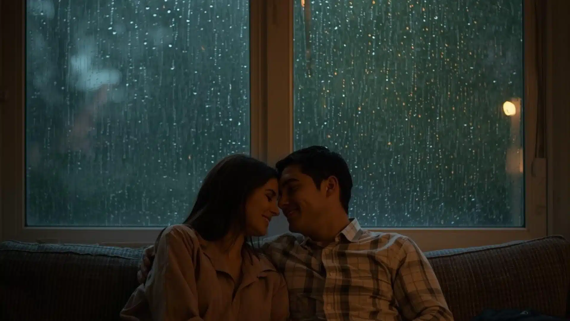 A couple sits close together on a couch indoors, foreheads touching, against a dark window covered with heavy rainfall