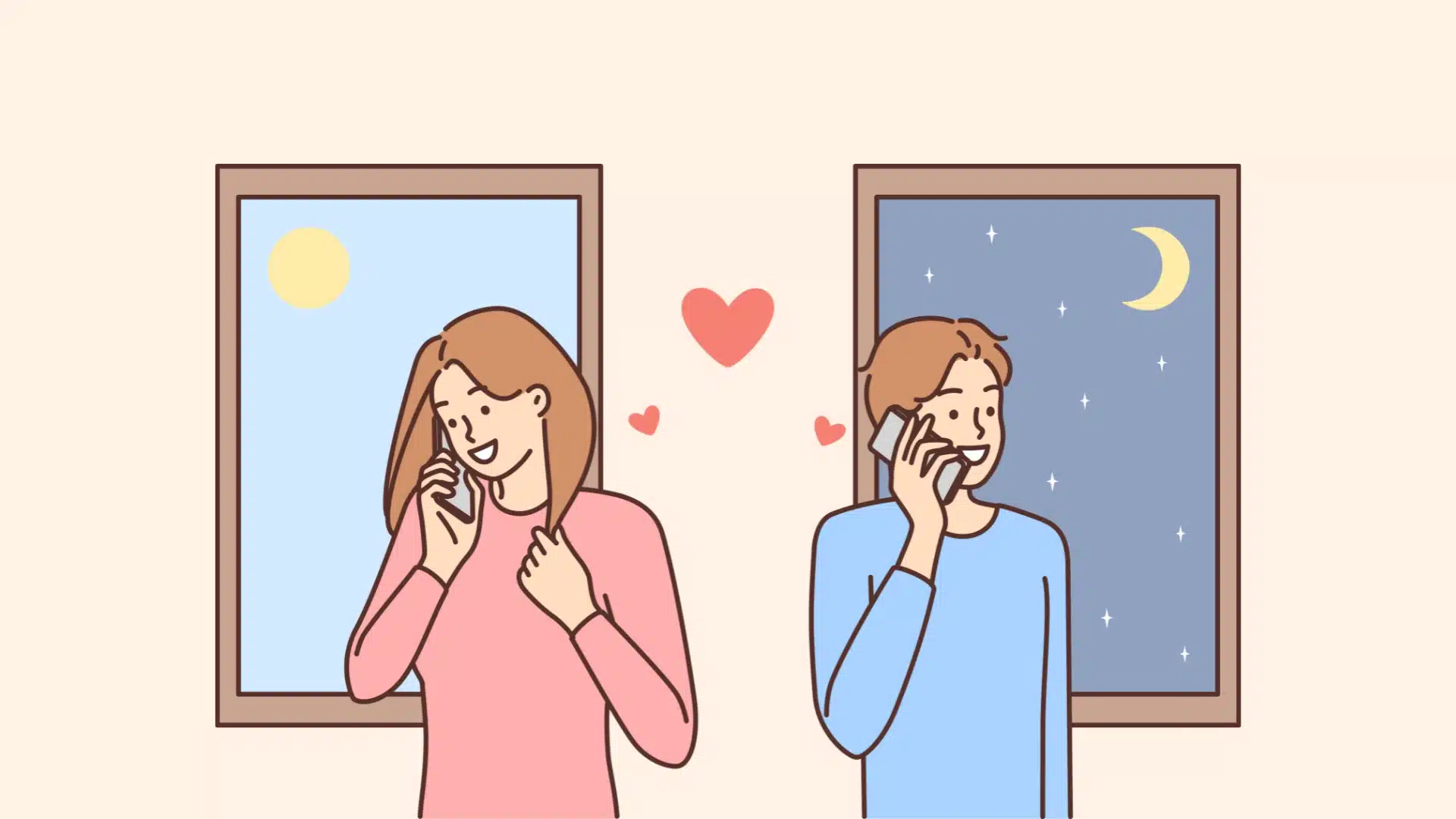 A couple talks on the phone with one in daylight and the other at night, separated by a wall with hearts between them