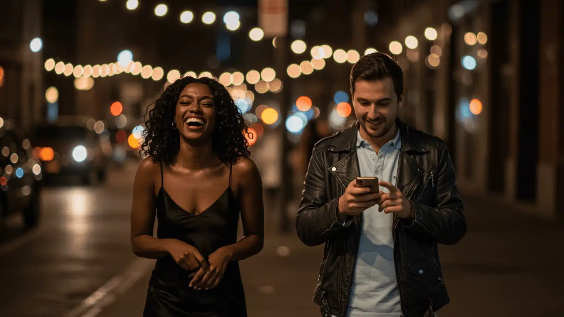 A couple walking on a city street at night, woman laughing while man looks at his phone, warm lights in background