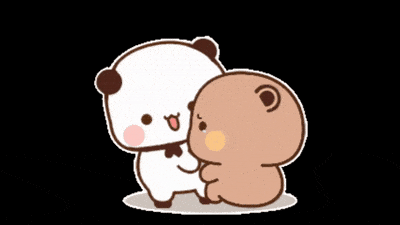 A cute cartoon gif of a white panda character affectionately kissing a brown bear character, with a small pink heart floating above them, set against a black background