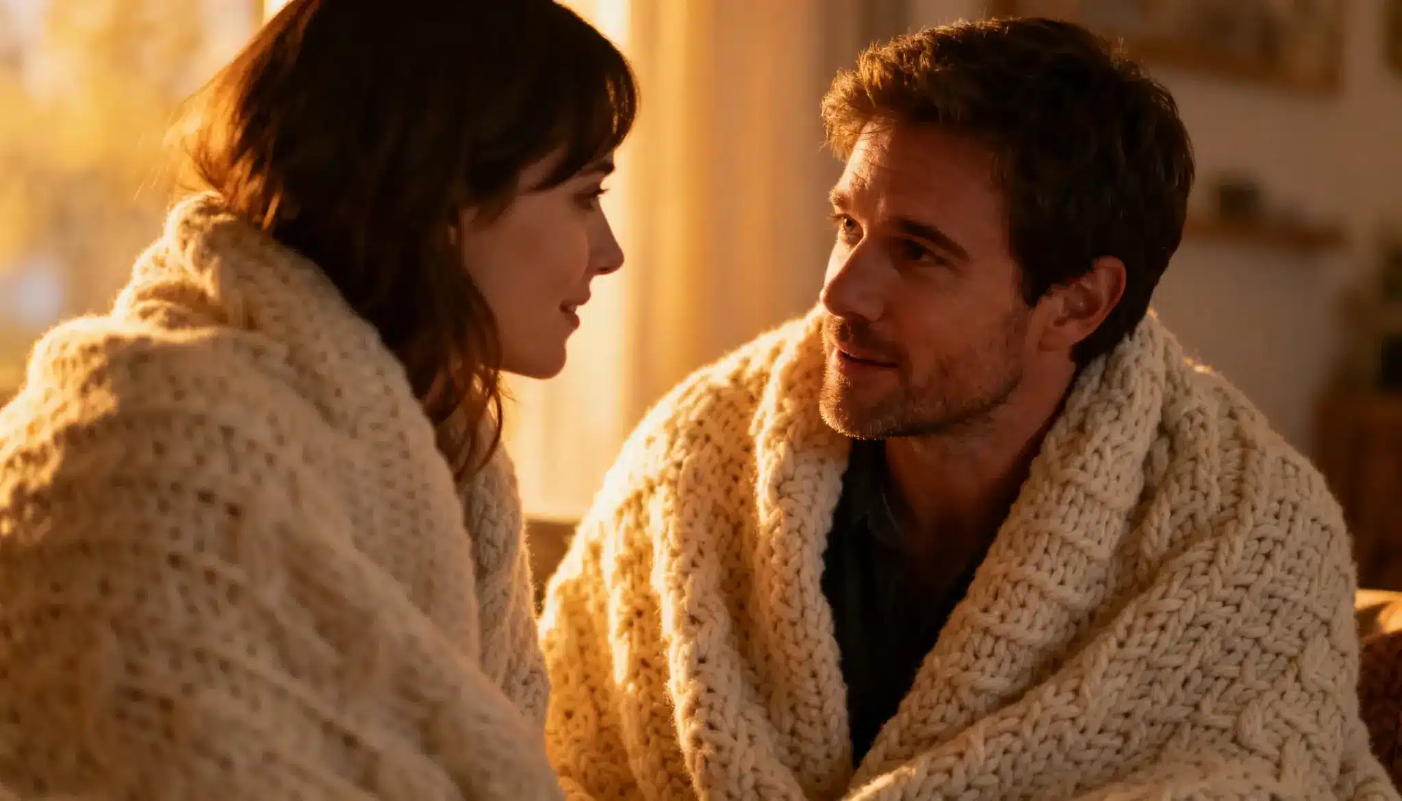 A dim lit close up of a couple in a chunky, cream colored knit blanket looking into each other's eyes indoors