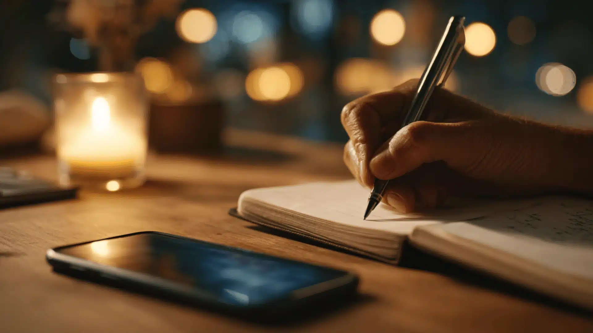A hand writes in a notebook with a pen on a wooden table near a glowing candle and a smartphone in a warm dim room at night (1)