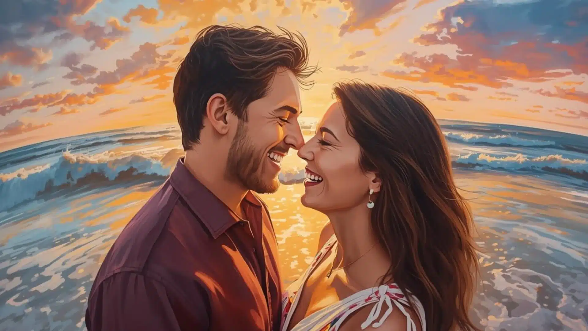 A happy couple smiling nose-to-nose on a beach during a orange and blue sunset with ocean waves in the background