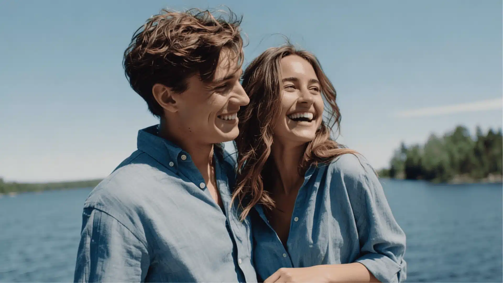 A happy man and woman smile together while wearing blue shirts near a calm lake under a clear sky on a bright sunny day (1)