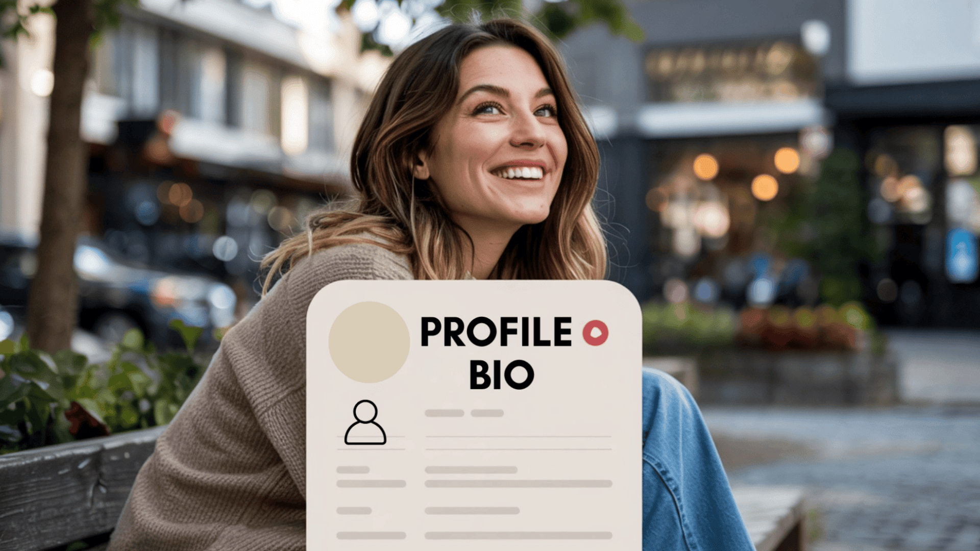 A happy woman sits on a city bench behind a graphic overlay of a profile bio with text lines and a small person icon (2)