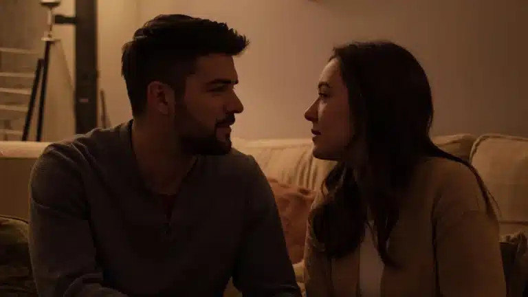 A happy young couple hugging on a sofa indoors with a lit fireplace and soft string lights in the background