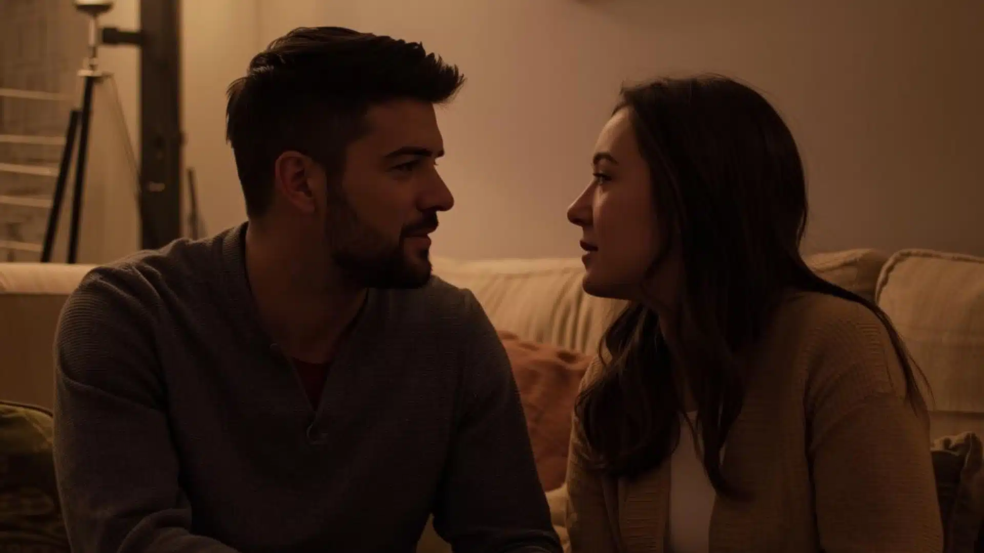 A happy young couple hugging on a sofa indoors with a lit fireplace and soft string lights in the background
