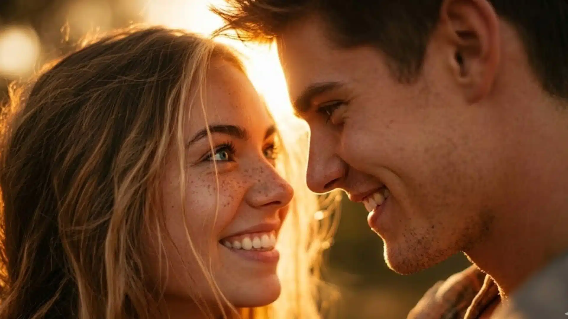 A happy young man and woman laugh and lean their heads together during a golden sunset while looking into each others eyes
