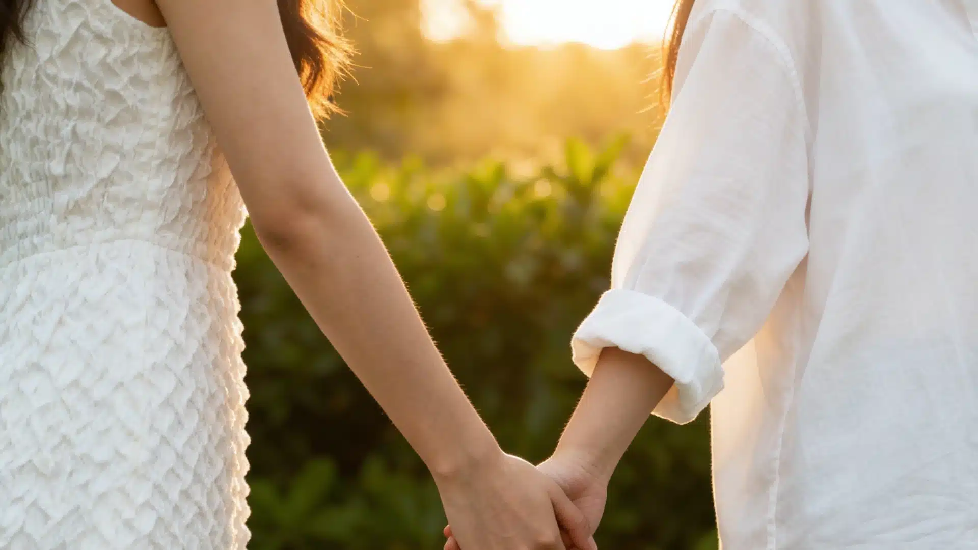 A lesbian couple holding hands, in white dress and shirt, with sunlight in the background