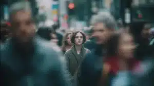 A lonely young woman with dark curly hair stands amidst a blurred crowd on a busy city street