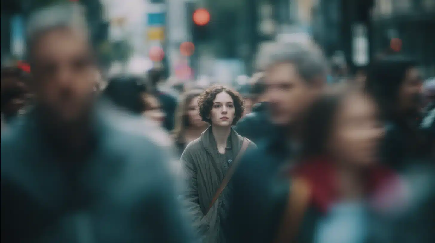 A lonely young woman with dark curly hair stands amidst a blurred crowd on a busy city street