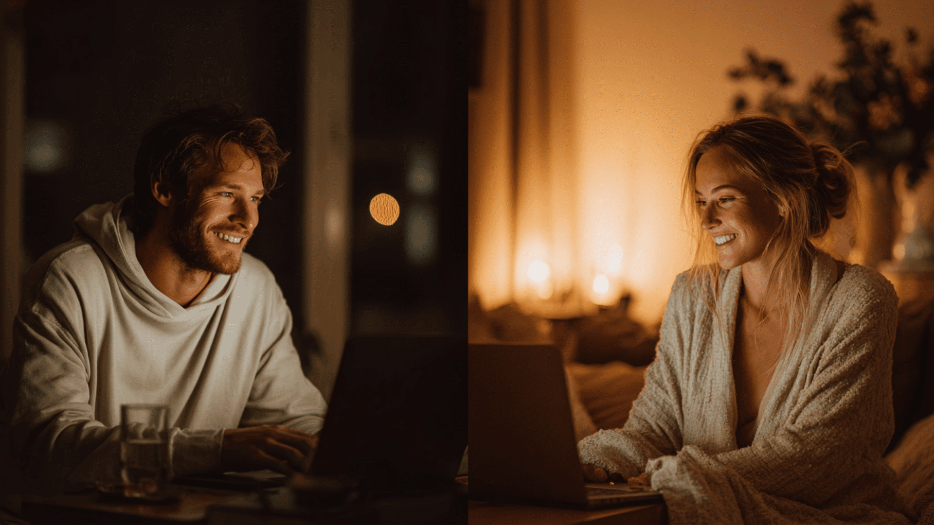 A man and woman are shown in a split screen both smiling while looking at their own laptops in separate dimly lit rooms