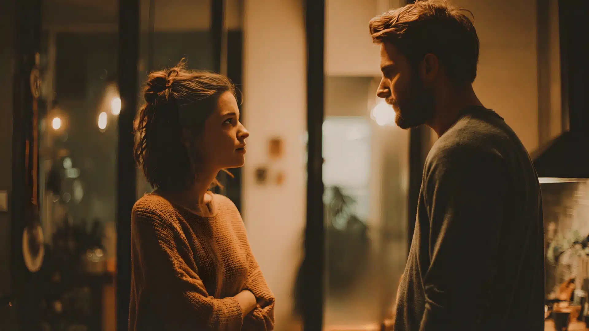 A man and woman face each other with serious looks in a dimly lit kitchen while the woman stands with her arms crossed