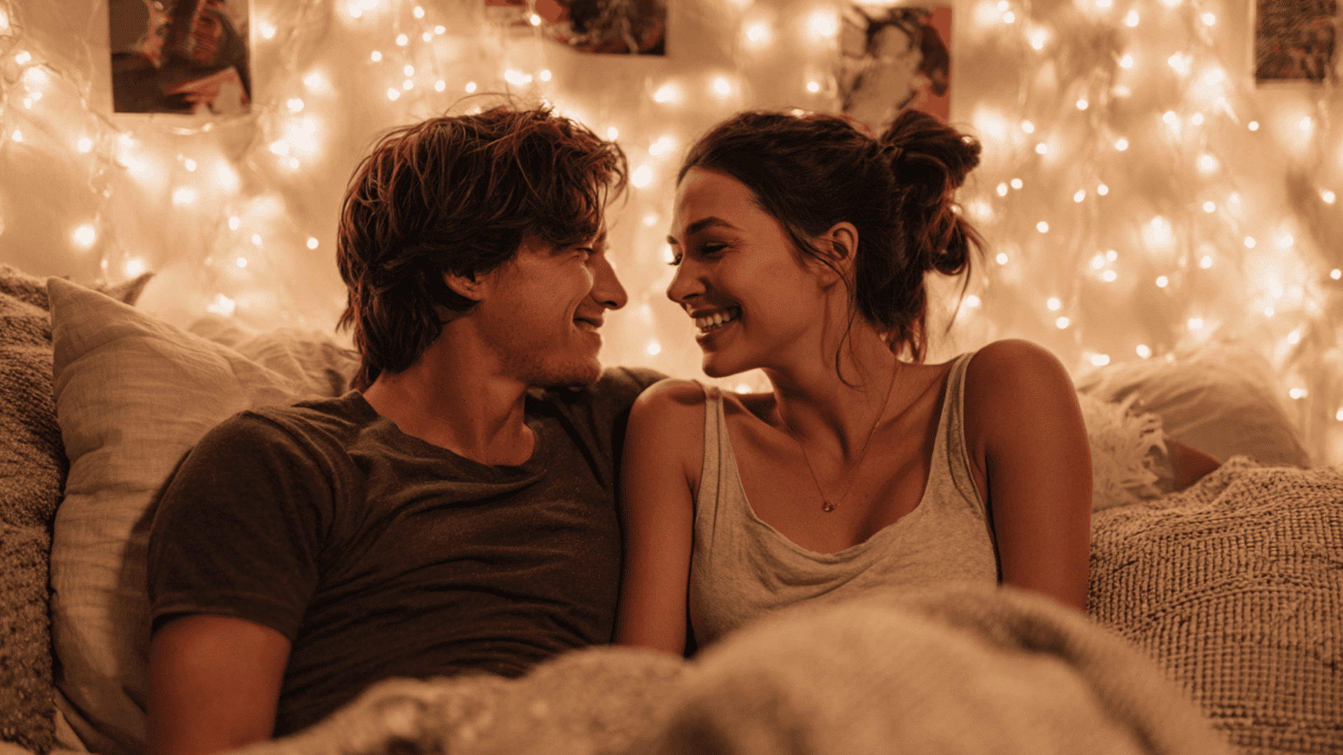 A man and woman lie in bed laughing together while looking into each other eyes against a wall of warm glowing fairy lights