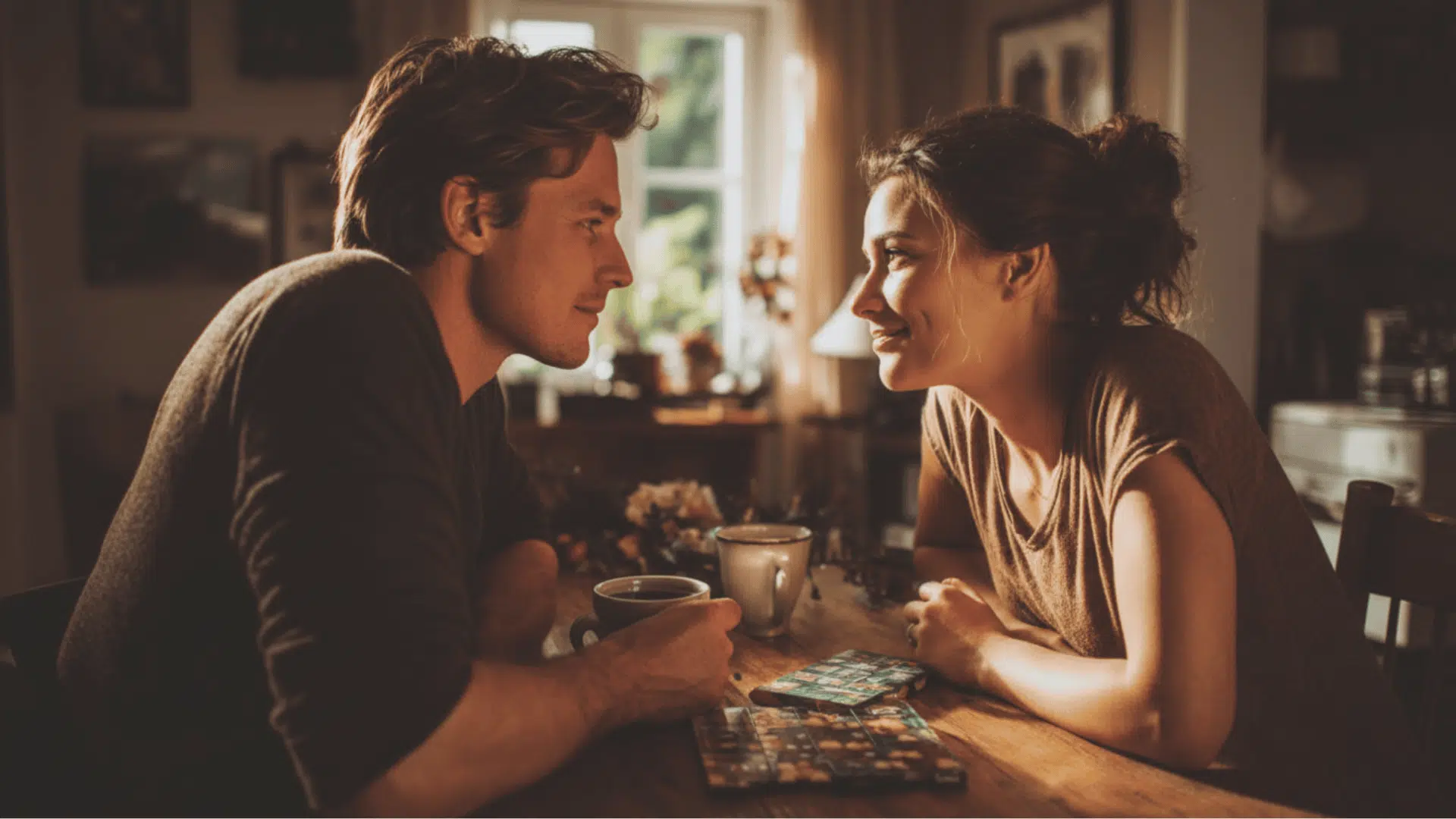 A man and woman sit at a wooden table in a sunlit room while looking into each other eyes with small smiles over coffee
