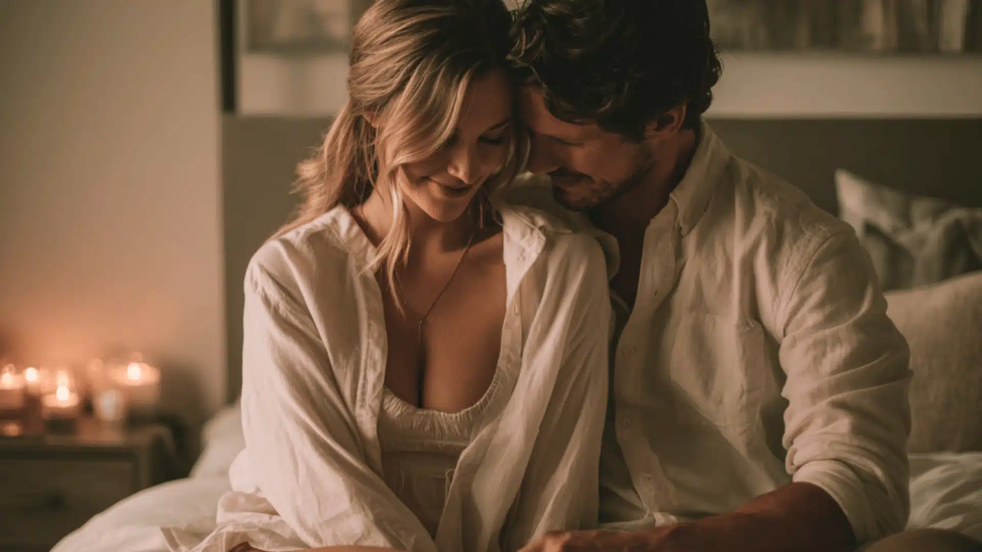 A man and woman sit on a bed surrounded by lit candles creating a warm and intimate atmosphere