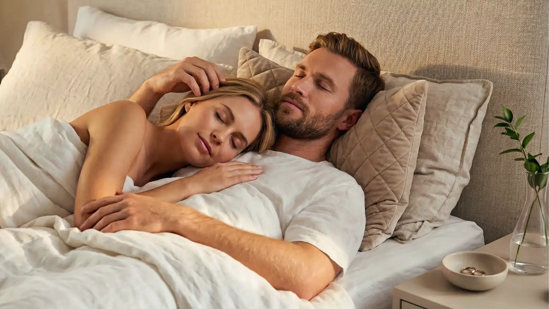 A man and woman sleep peacefully in bed while he holds her close under white sheets in a warm bedroom setting