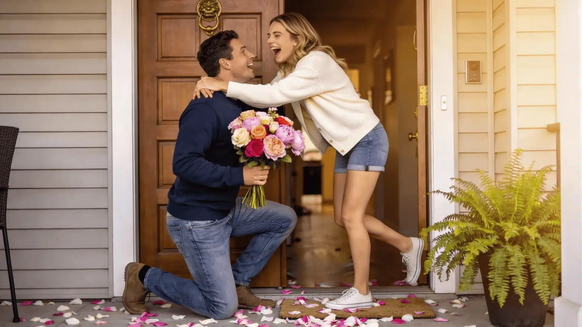 A man kneeling on a doorstep, holding flowers, hugs a woman with pink and white petals scattered around them