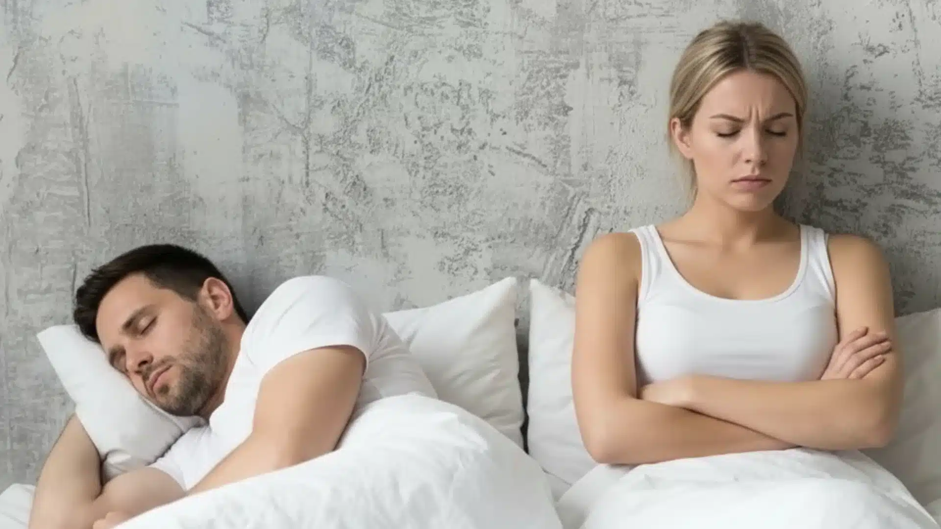 A man sleeps in bed while a blonde woman sits beside him with her arms crossed looking away with a frustrated expression