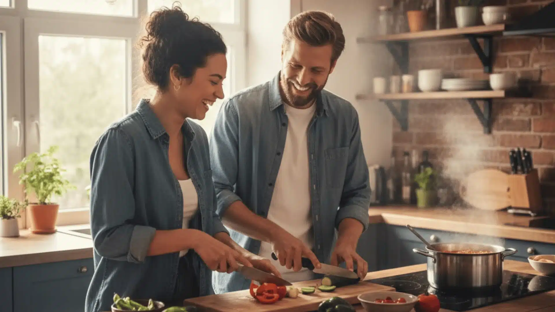 A married couple in denim shirts chops vegetables on wooden cutting boards next to a steaming pot on a stovetop in a kitchen