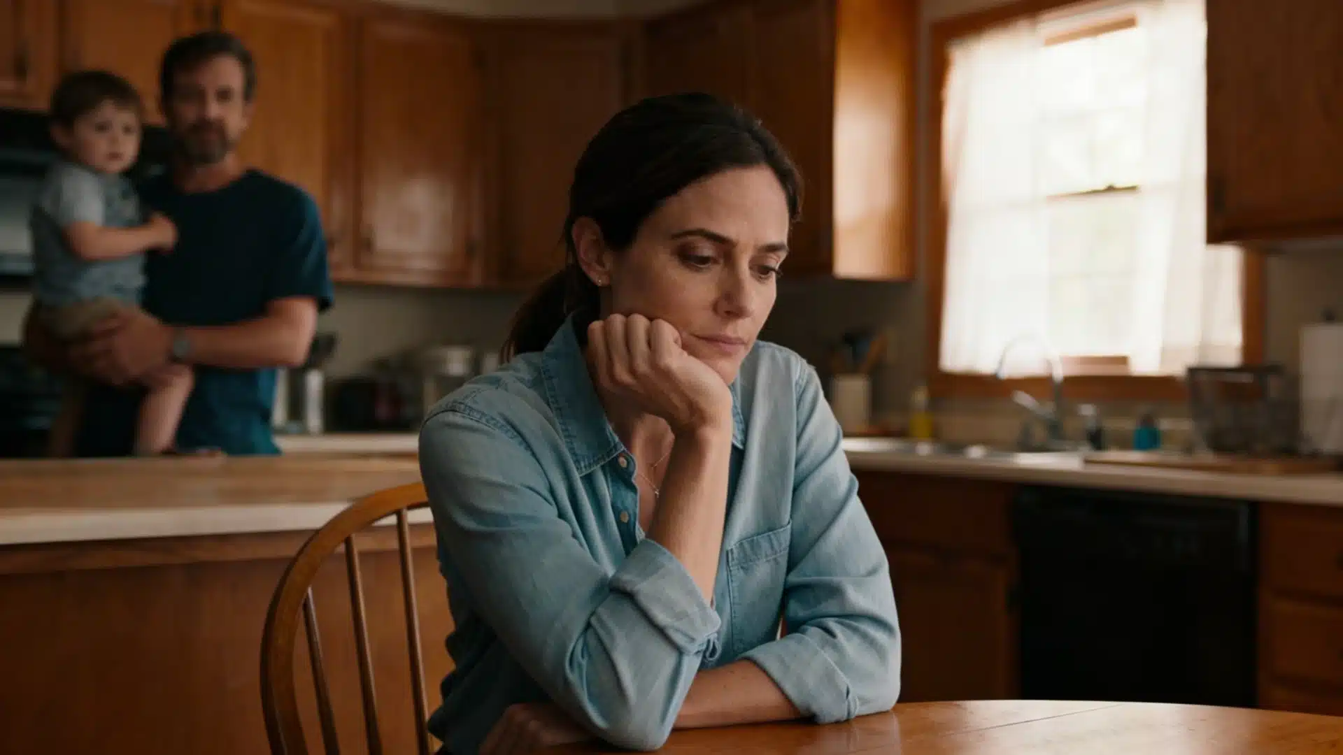 A sad woman sitting at her kitchen table while a man is holding a toddler in the background