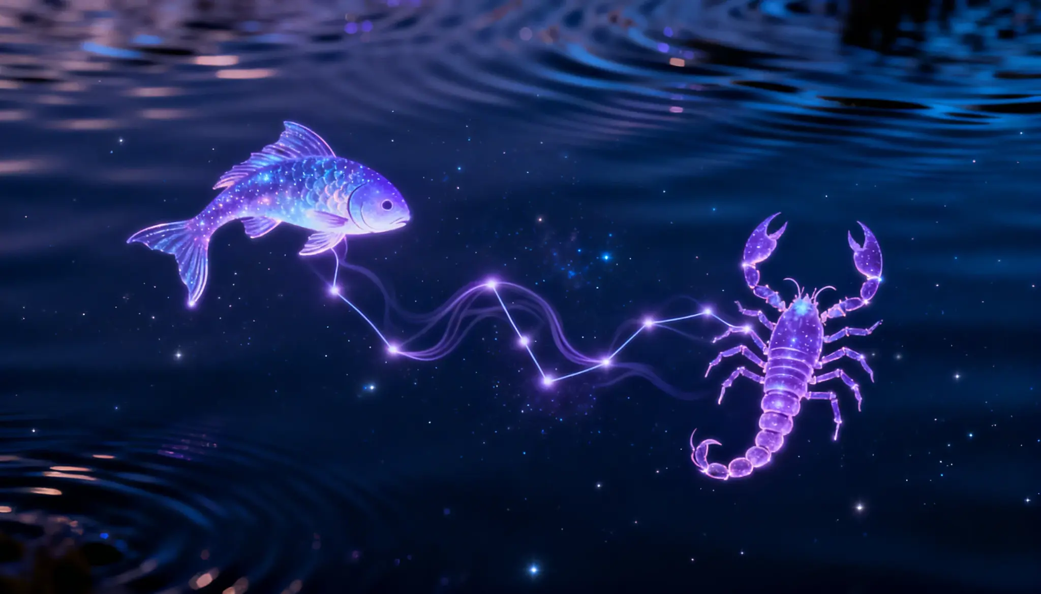 A scorpion and a fish float together in water, symbolizing the zodiac signs Pisces and Scorpio