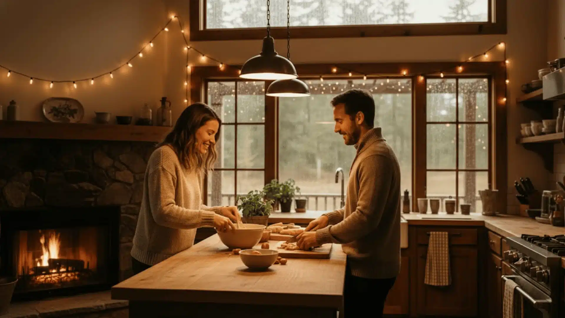 A smiling couple in knit sweaters preparing food in a wooden kitchen on a rainy day
