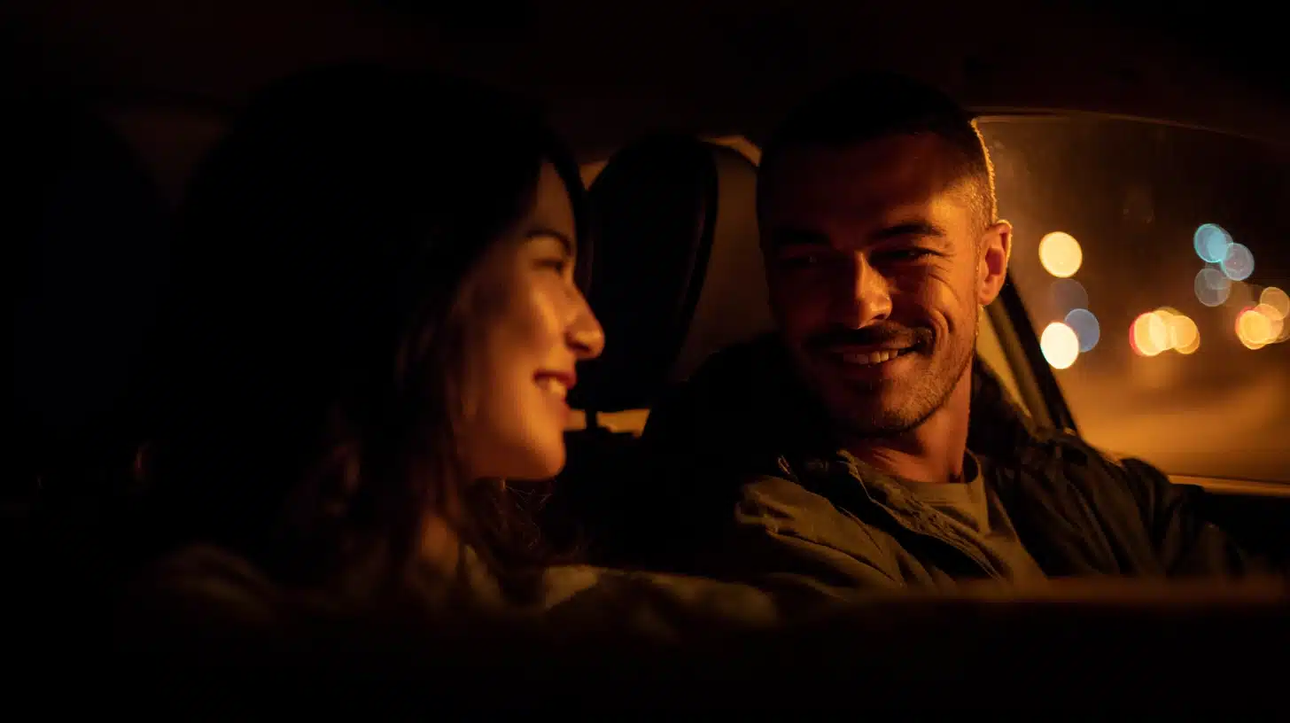 A smiling couple shares an intimate moment in a car at night, with city lights blurred in the background