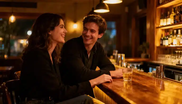 A smiling couple talking in a speed dating event at a dimly lit wooden bar with liquor bottles on shelves in the background