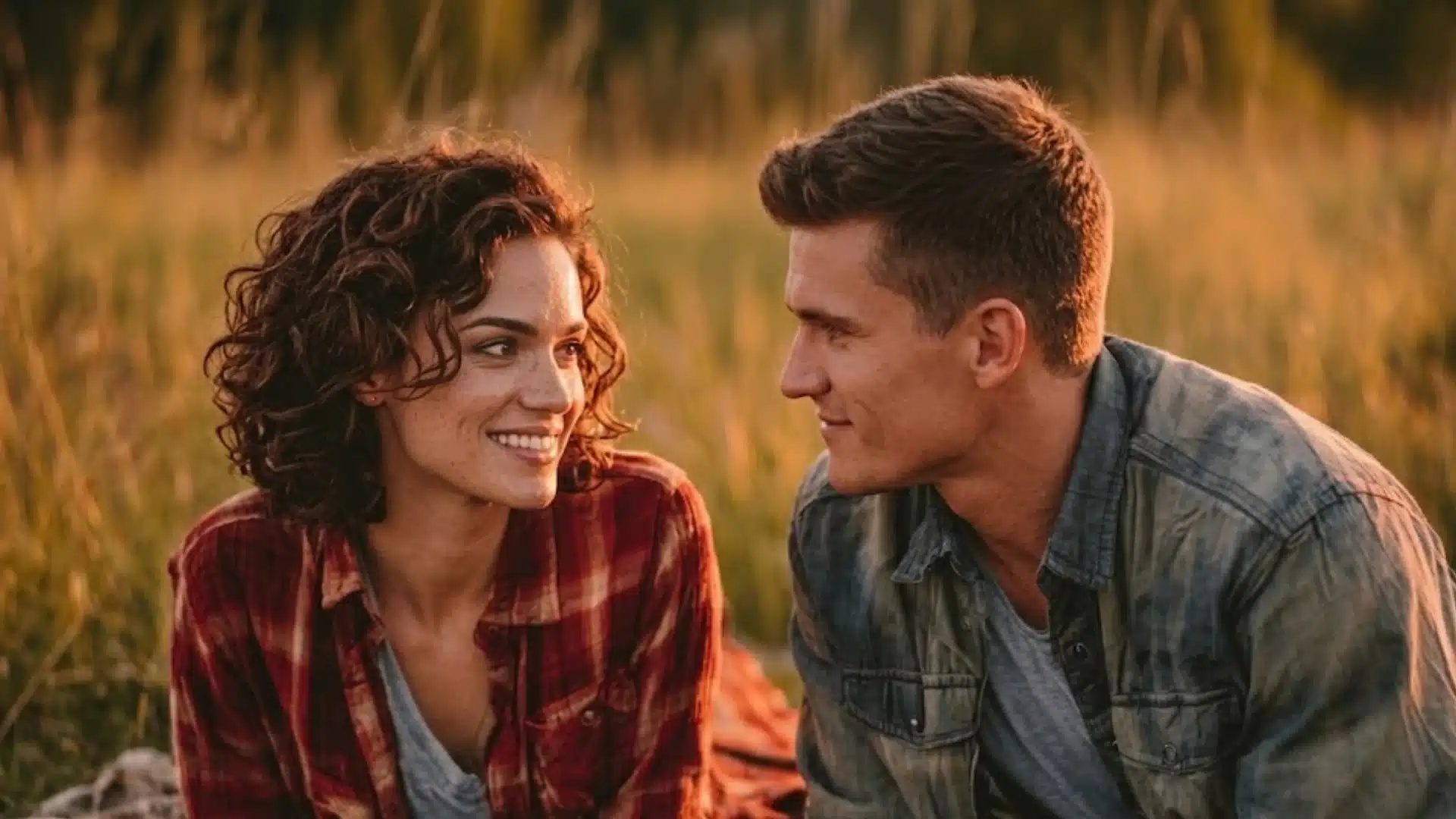 A smiling man and woman lying in a field of tall grass look at each other with affection during a golden hour sunset (2)