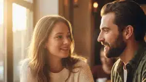 A smiling young couple sharing a moment across a table with bright sunlight streaming in from the left