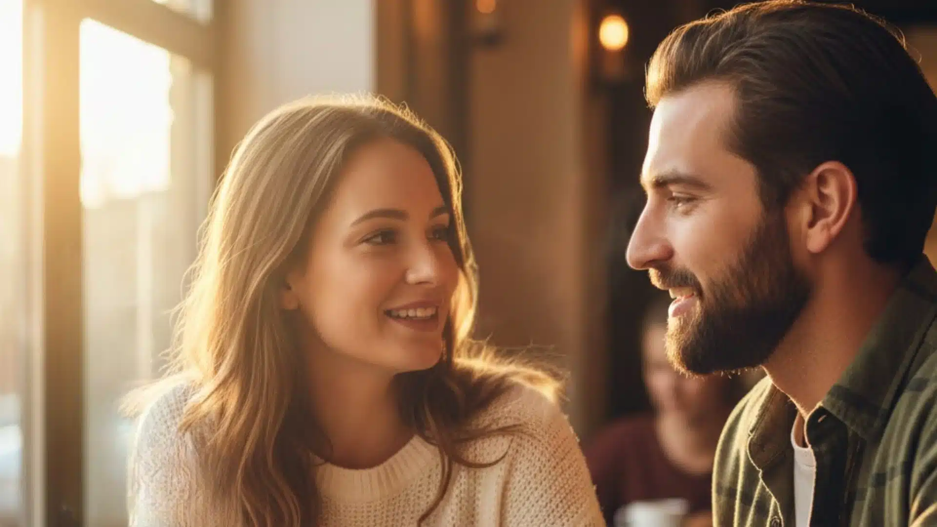 A smiling young couple sharing a moment across a table with bright sunlight streaming in from the left