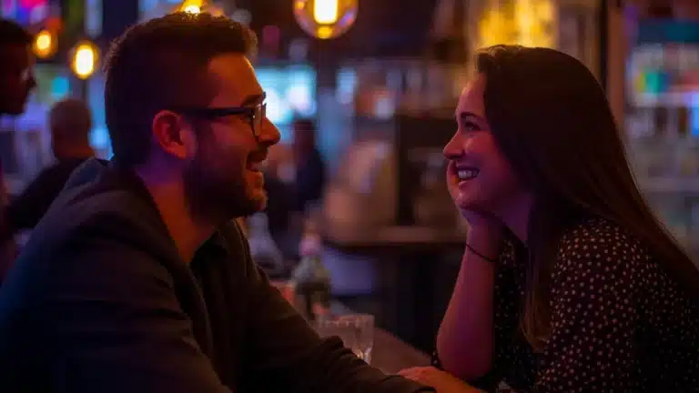 A smiling young couple sharing an intimate moment while seated at a singles event with warm overhead lighting