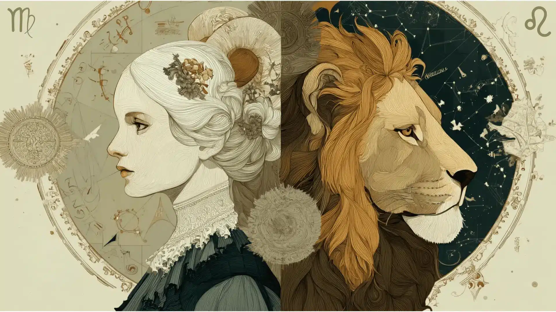 A woman representing Virgo stands beside a lion symbolizing Leo in a zodiac-themed illustration, highlighting this distinct zodiac pairing
