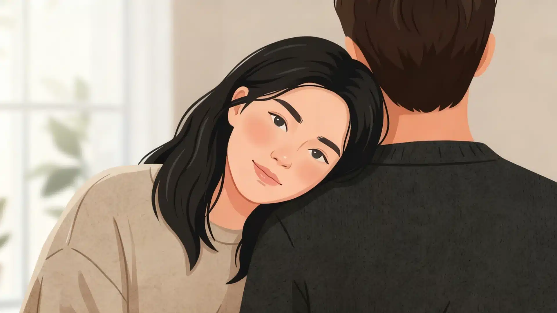 A woman with dark hair leans her head gently on a man's shoulder, eyes calm and content.