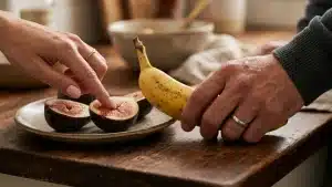 A woman's finger touches a halved fig on a plate while a man's hand holds a ripe, spotted banana over a rustic wooden table