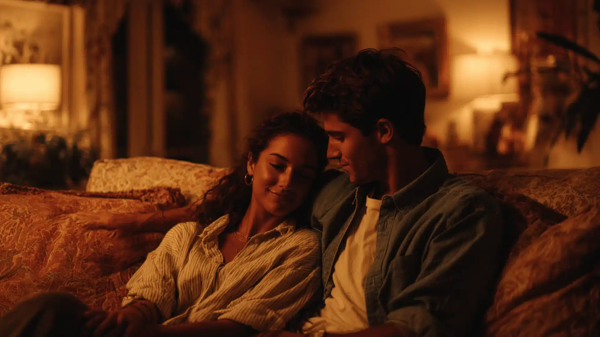 A young couple sits intimately close on a warmly lit, patterned couch in a dimly lit room.