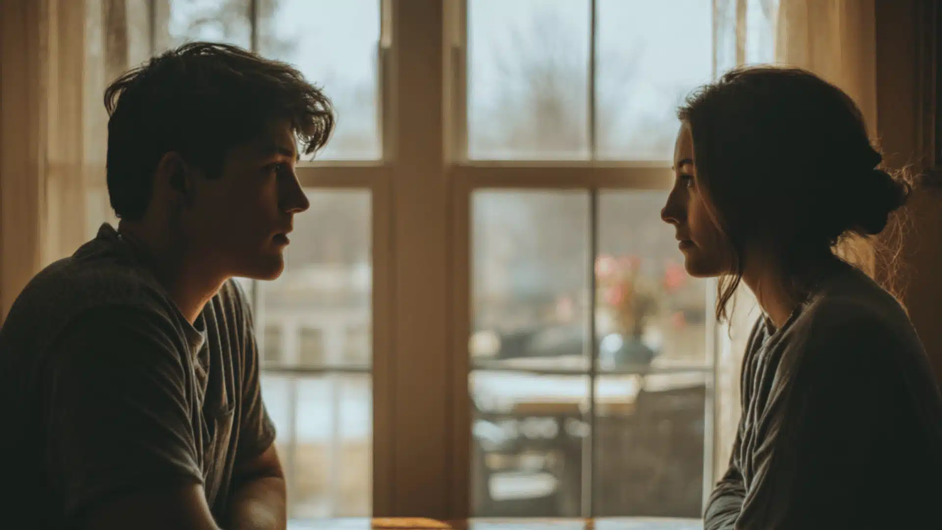 A young man and woman sit at a table facing each other with somber expressions in front of a window with neutral tones
